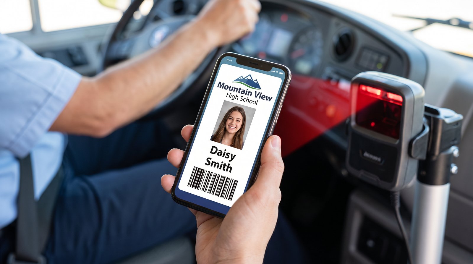 Smartphone with Student ID and Barcode scanning onto a school bus