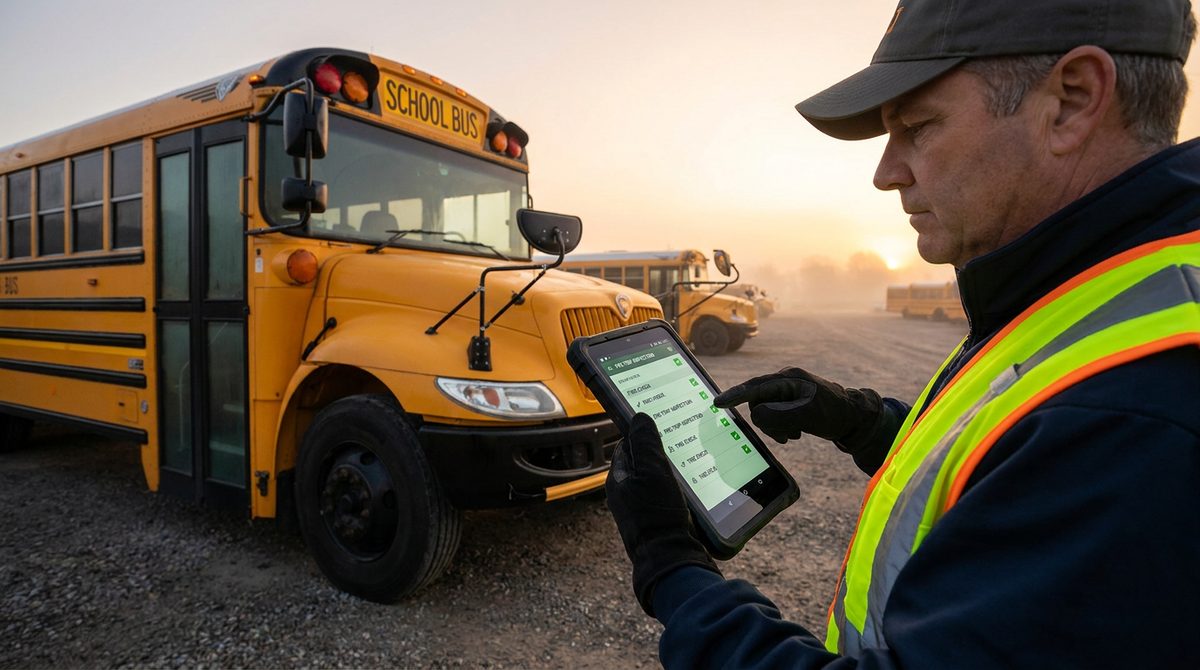 School Bus Driver Performs Pre-trip Inspection